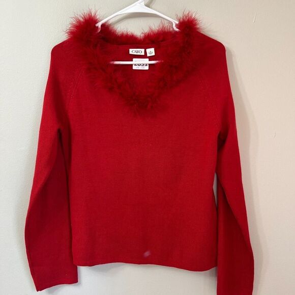 Vtg Y2K Cato Womens Red Sweater Medium Classic Feather Trim Neckline Long Sleeve - Picture 4 of 8